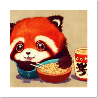 Kawaii Red Panda Eating Ramen Posters and Art